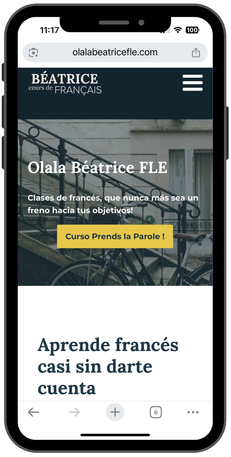 pantalla de móvil mostrando la web de una academia de francés, ejemplo de presencia digital profesional